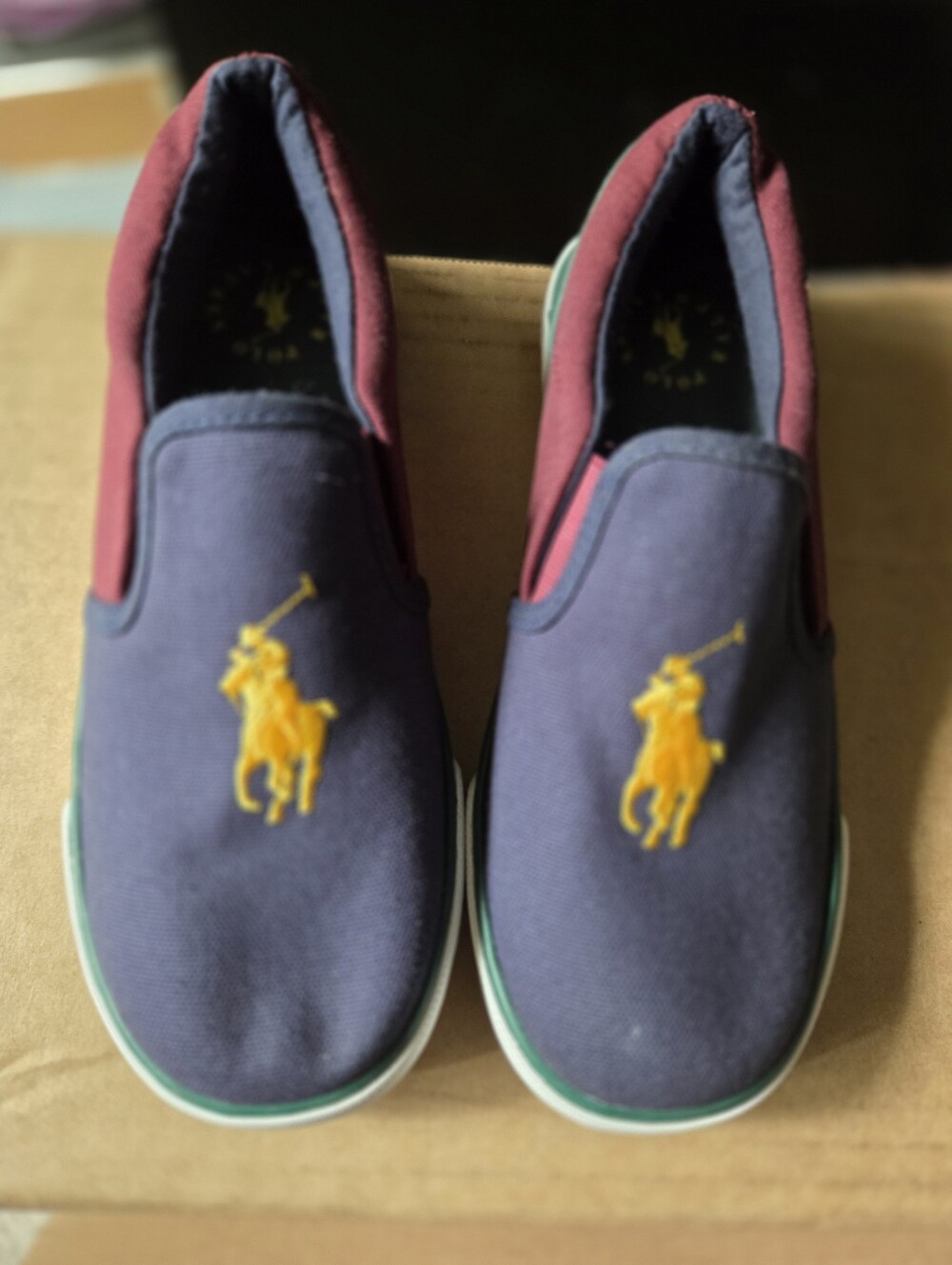Polo by Ralph Lauren Navy & Burgundy Kids Slip-On Sneakers with Yellow Logo